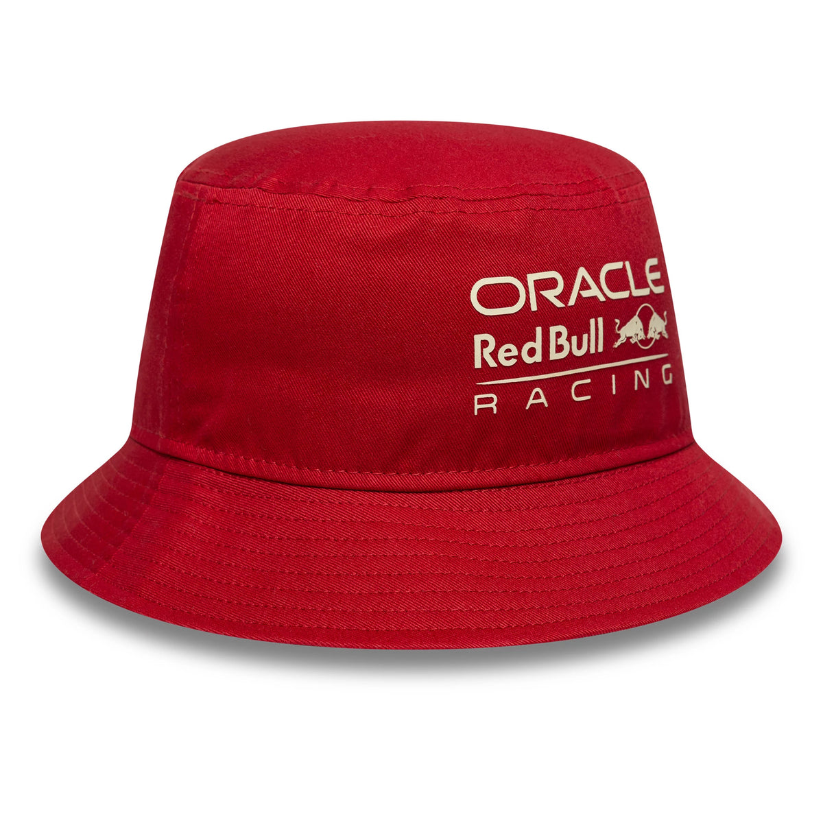 New Era Red Bull Racing Dark Red Bucket Hat, front view showing the white embroidered Oracle and Red Bull Racing logos on the front of the dark red crown, with a downward sloping visor.