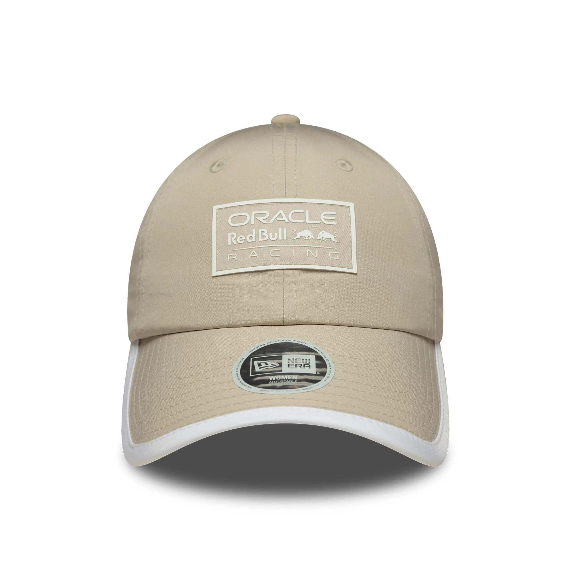 Red Bull Racing Womens Light Beige New Era Pony Tail Cap, front view showing an embroidered Oracle Red Bull Racing logo patch on the beige crown with a contrasting white visor and a New Era Women size sticker.