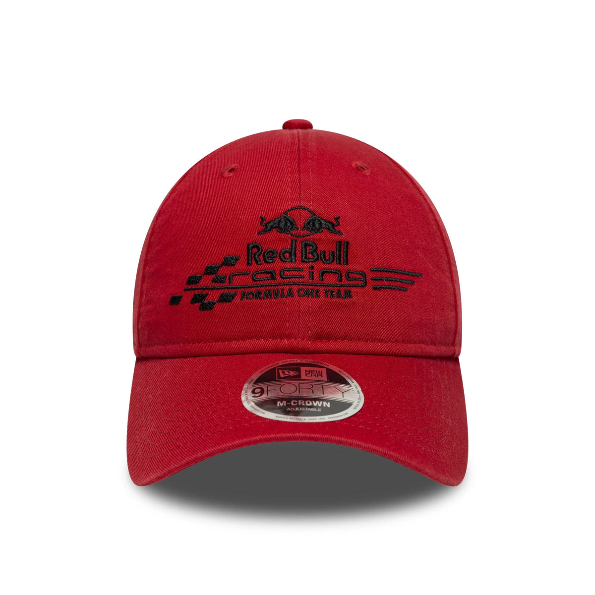 Red Bull Racing Washed Dark Red New Era 9FORTY M-Crown Cap, front view showing the black embroidered Red Bull Racing graphic on the structured crown, with a matching curved visor and a 9FORTY size sticker.