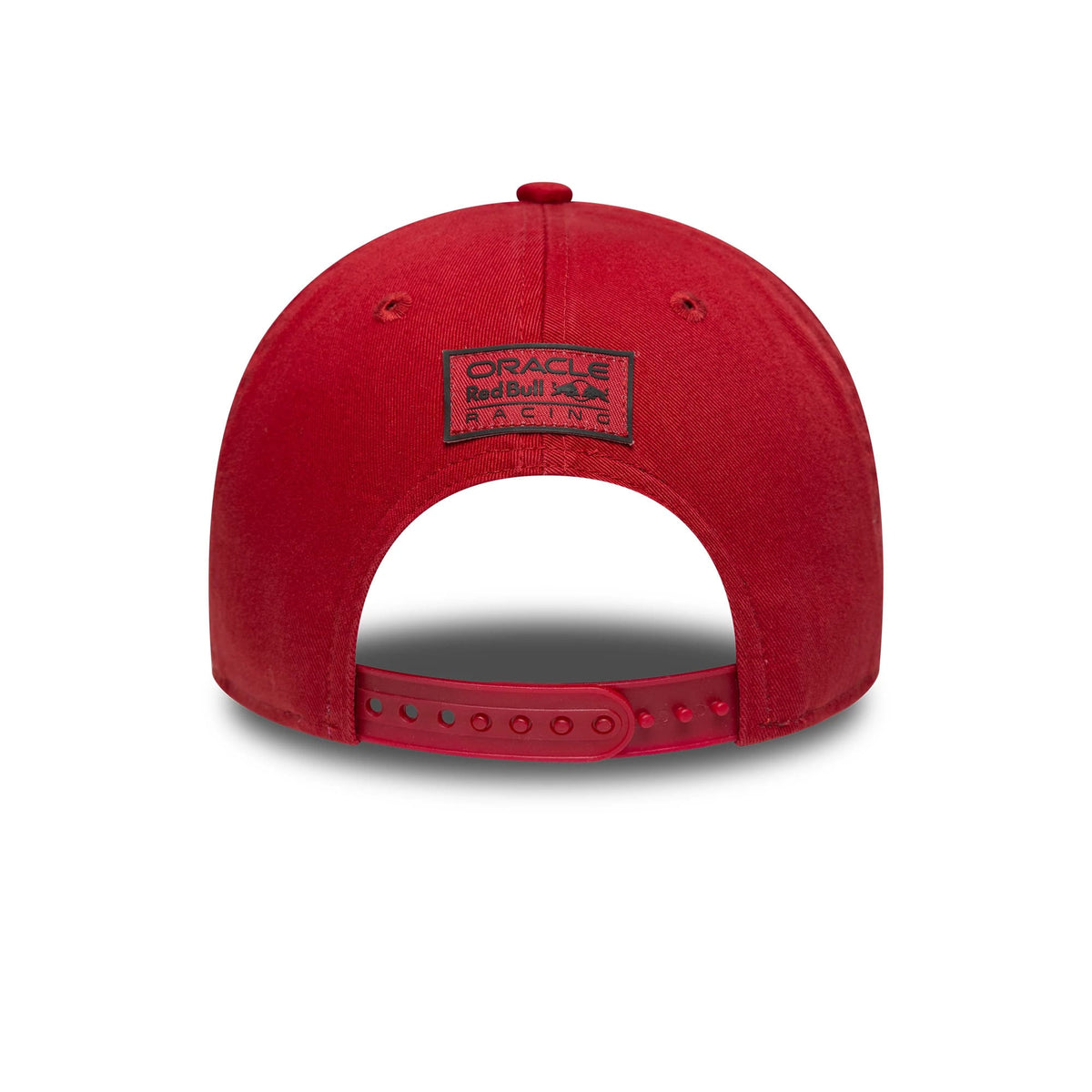 Red Bull Racing Washed Dark Red New Era 9FORTY M-Crown Cap, rear view showing the black and red embroidered Oracle Red Bull Racing patch at the centre of the back panels, with a matching red adjustable strap closure.
