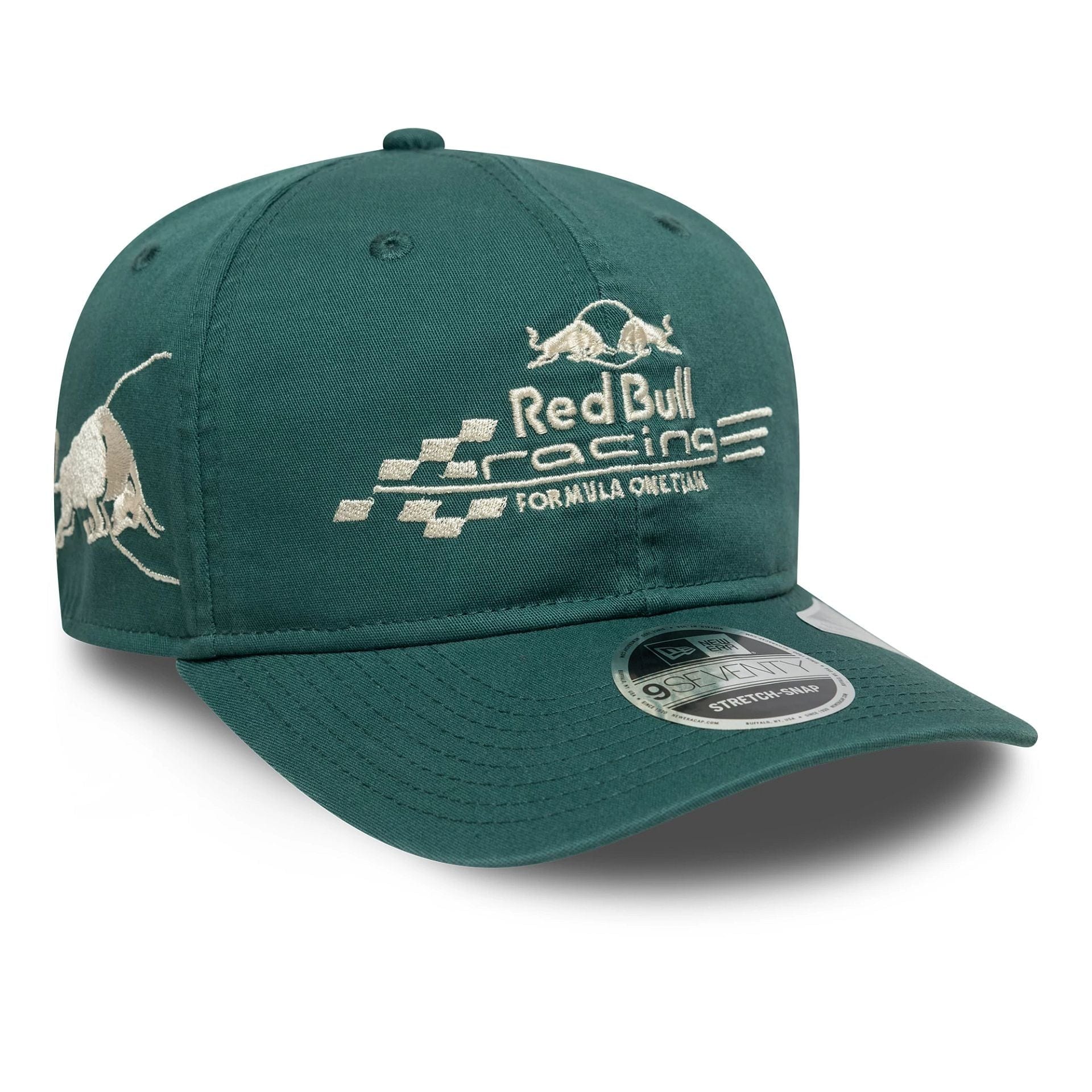 Pictured is this Washed Red Bull Racing 9SEVENTY Stretch Snap in dark green. 1