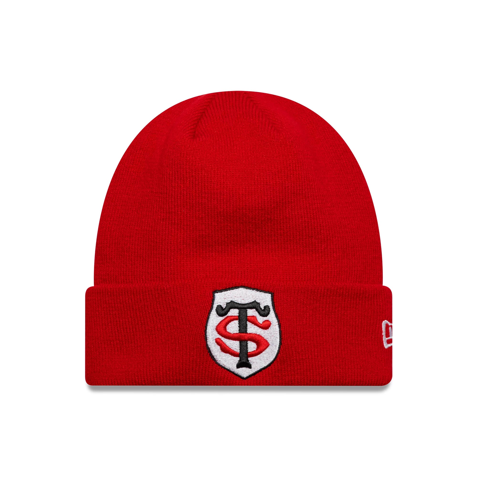 New Era Stade Toulousain Core Red Cuff Knit Beanie Hat, front view showing the embroidered black and red ST crest on the cuff, with the white New Era flag logo on the right side, all in a red knit fabric.