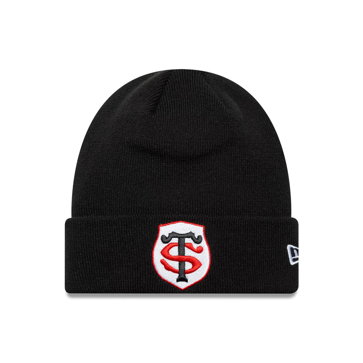 New Era Stade Toulousain Core Black Cuff Knit Beanie Hat, front view showing the embroidered red and white Stade Toulousain crest on the folded cuff, with the New Era flag logo on the left side.