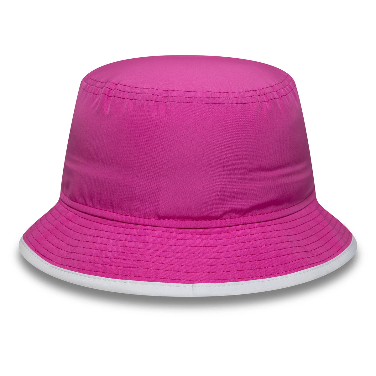 New Era Red Bull Racing Womens Bright Pink Bucket Hat, front view showing a pink design with a structured crown and a downward-facing visor, accented by a contrasting white trim along the edge.
