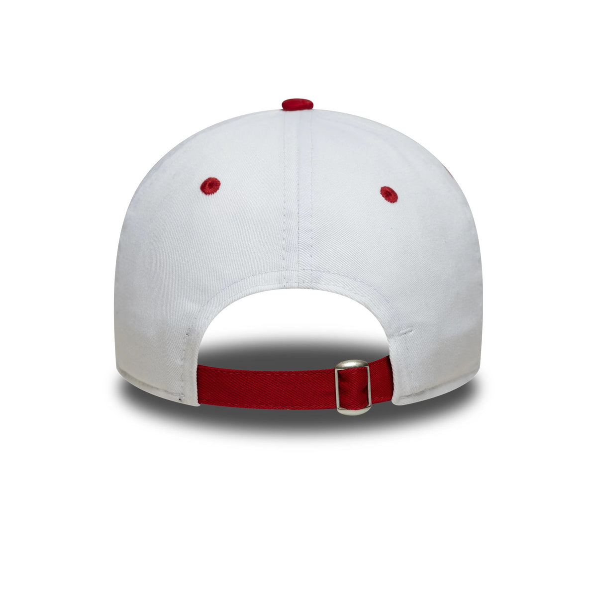 Stade Toulousain Contrast Visor White New Era 9TWENTY Cap, rear view showing a red adjustable strap with a buckle, red embroidered eyelets on the white panels, and a matching red top button on the unstructured crown.