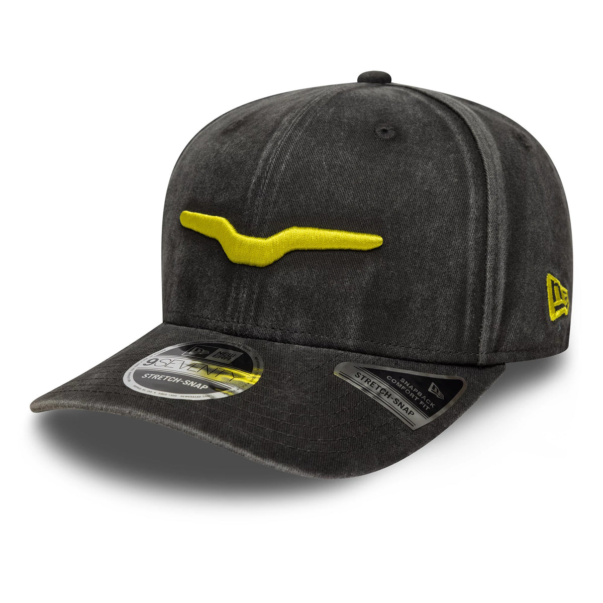 Moto Guzzi Washed Black New Era 9SEVENTY Stretch Snap Cap, front view showing a raised yellow logo embroidered on the front panel, a black curved visor with a 9SEVENTY size sticker, and a yellow New Era flag logo on the left side.