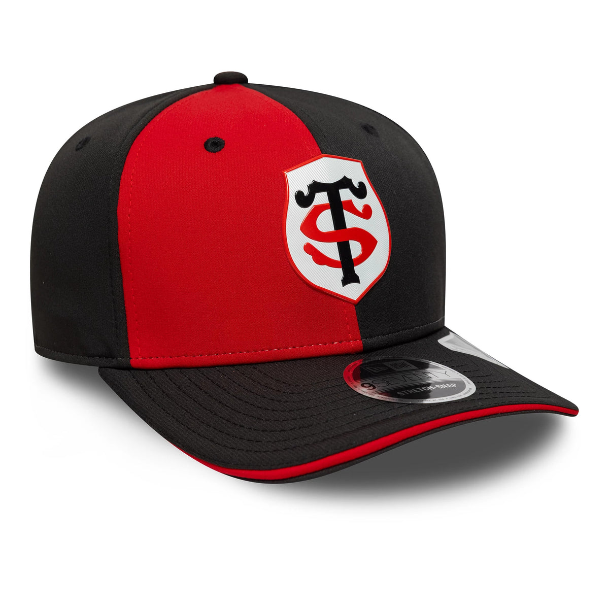Stade Toulousain Recycled Black New Era 9SEVENTY Stretch Snap Cap, three-quarter view showing a red and black split-panel design with the Stade Toulousain crest in raised embroidery on the red front panel.
