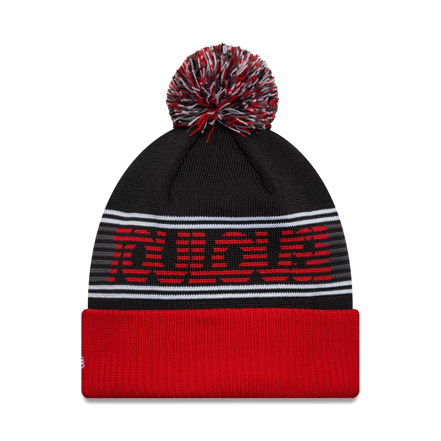 New Era Stade Toulousain Black Bobble Knit Beanie Hat, front view showing a red and white pom-pom on top, a black base with red vertical team lettering across the front, white stripes, and a red turn-up cuff.