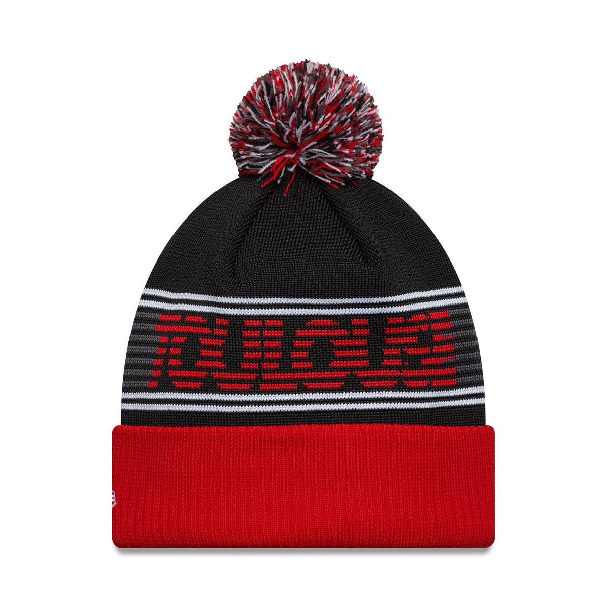 New Era Stade Toulousain Black Bobble Knit Beanie Hat, front view showing a red and white pom-pom on top, a black base with red vertical team lettering across the front, white stripes, and a red turn-up cuff.
