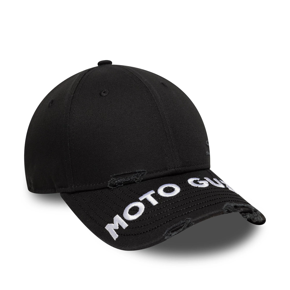 Moto Guzzi Distressed Black New Era 9FORTY M-Crown Cap, three-quarter view showing white embroidered Moto Guzzi lettering on the curved distressed black visor, and a New Era flag logo on the left side of the structured black crown.
