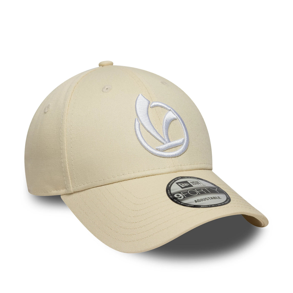 Vespa Essential Light Beige New Era 9FORTY Cap, three-quarter view showing a white embroidered Vespa logo on the front panel, a matching light beige curved visor, and a 9FORTY size sticker on top.