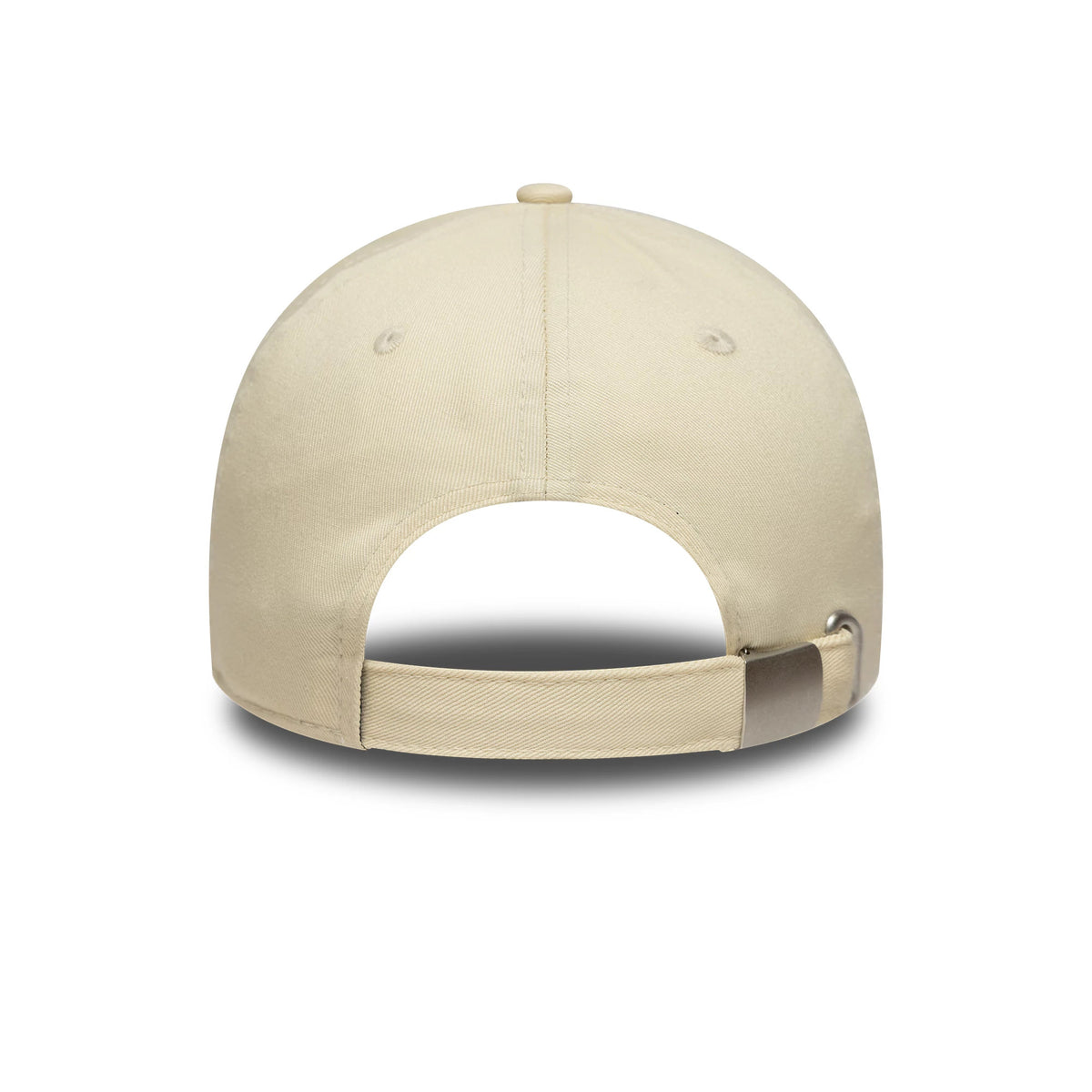 Vespa Essential Light Beige New Era 9FORTY Cap, rear view showing the open back with an adjustable strap featuring a clasp, matching the light beige colour of the structured crown.