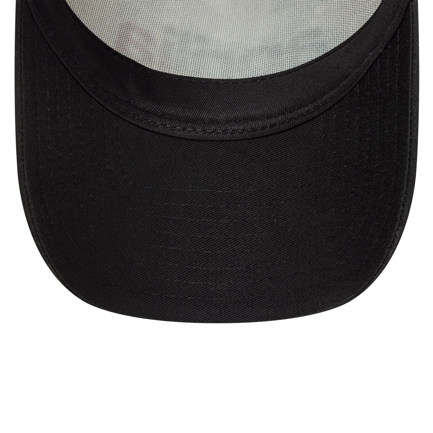 Aprilia Wordmark Black New Era 9FORTY A-Frame Trucker Cap, inside view showing the black curved visor and the mesh panels at the top, with detailed stitching around the edge of the visor.