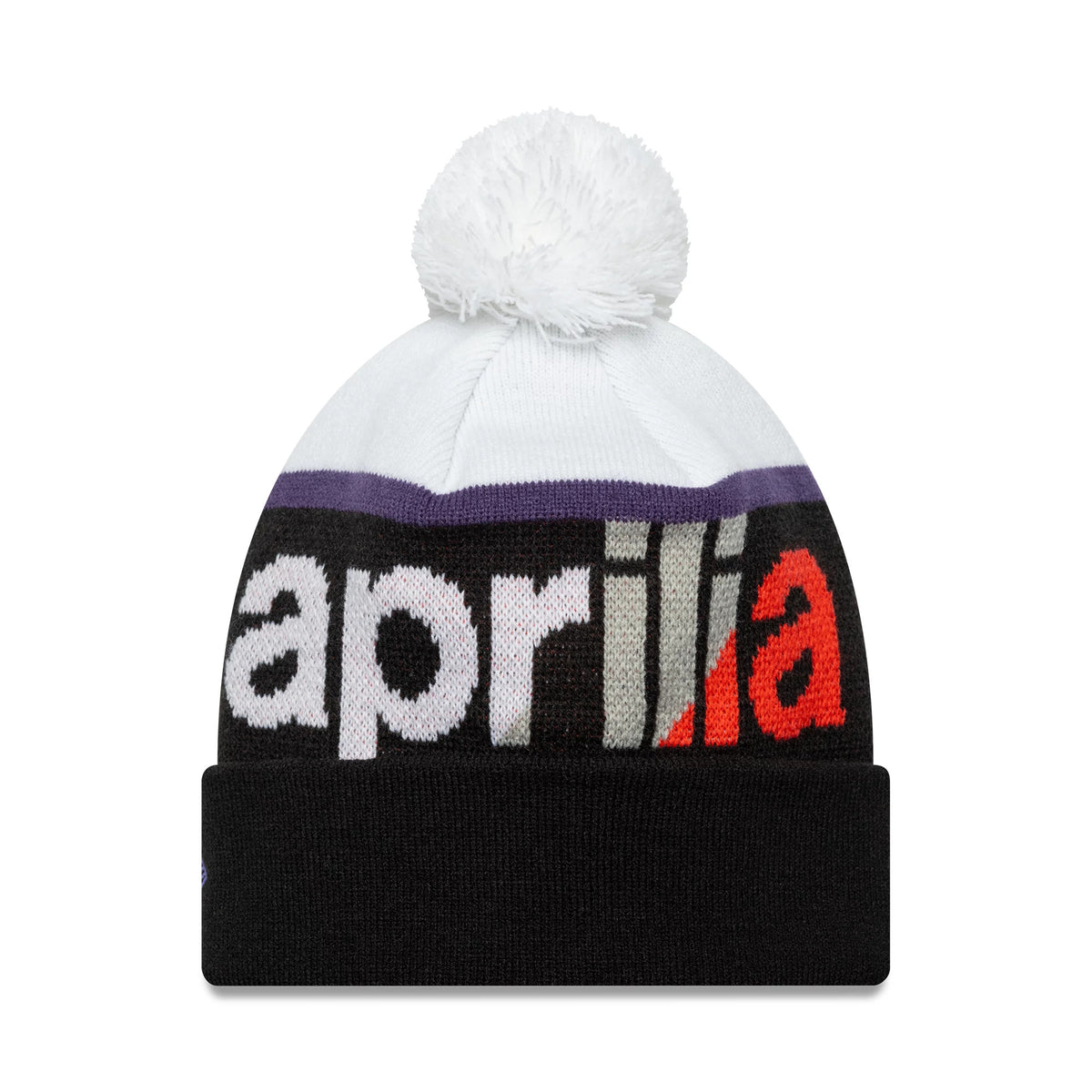 New Era Aprilia Wordmark Black Bobble Knit Beanie Hat, front view showing an oversized aprilia wordmark in white, grey, and red across the black body, with a white bobble and purple stripe above the fold-over cuff.