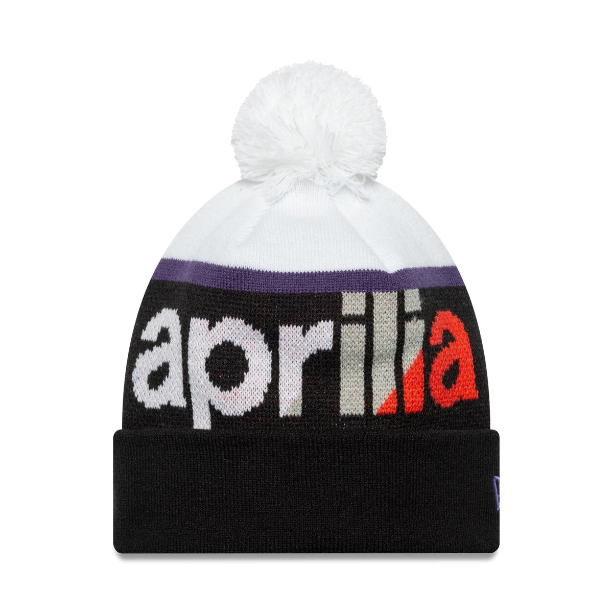 New Era Aprilia Wordmark Black Bobble Knit Beanie Hat, front view showing a black cuff at the bottom, aprilia wordmark in white, grey, and red across the black section, with a white bobble at the top.
