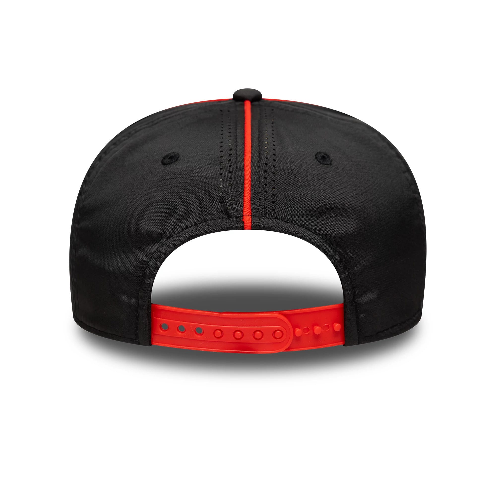 Aprilia Logo White New Era 9SEVENTY Stretch Snap Cap, rear view showing a black crown with red stitching, eyelets, and a red adjustable snap closure, without a back logo on the structured panels.