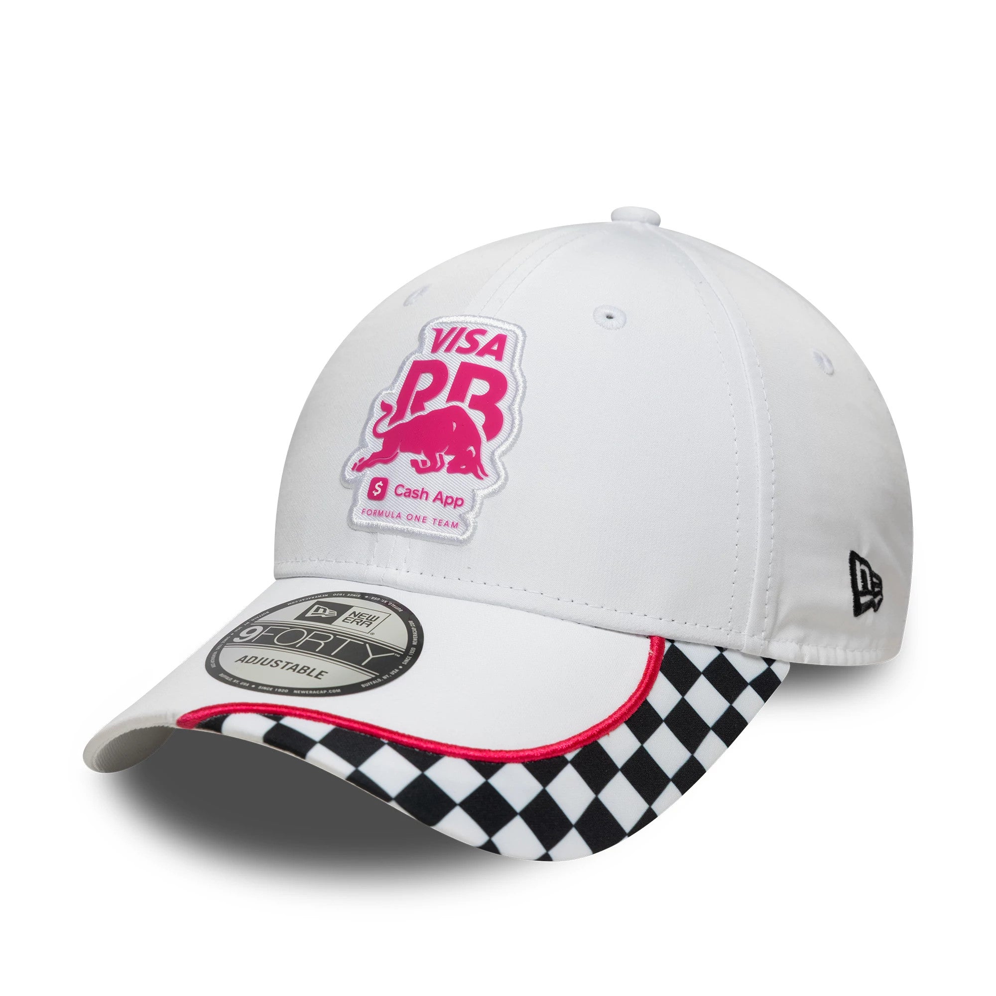 Visa Cash App Racing Bulls Checkerboard White New Era 9FORTY Cap, three-quarter view showing the pink and white embroidered logo on the front panel, with black and white checkerboard pattern under the curved visor.
