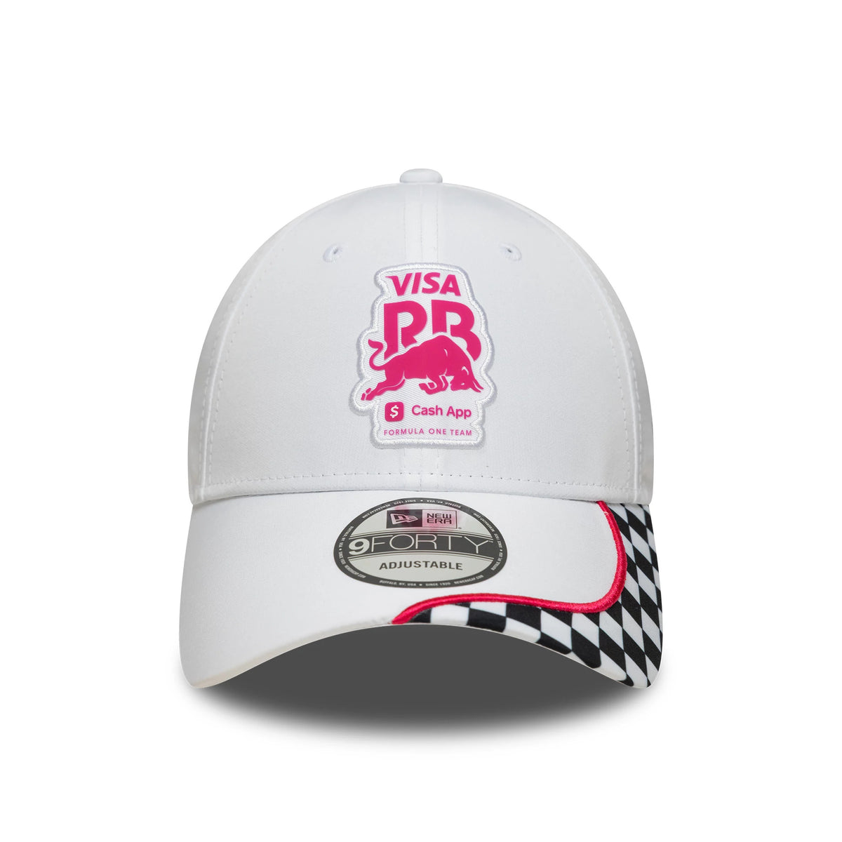 Visa Cash App Racing Bulls Checkerboard White New Era 9FORTY Cap, front view showing a pink embroidered front panel logo, black and white checkerboard visor with red trim, and the 9FORTY size sticker on the white visor.