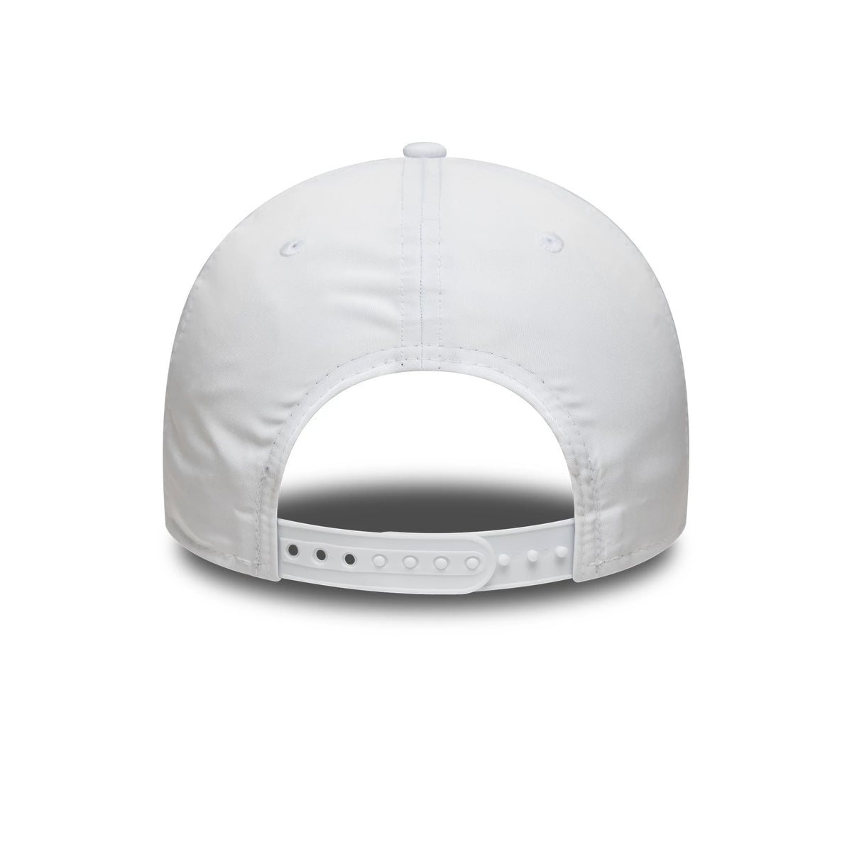 Visa Cash App Racing Bulls Checkerboard White New Era 9FORTY Cap, rear view with a white adjustable snap closure and white fabric showing stitching lines on the unstructured crown.