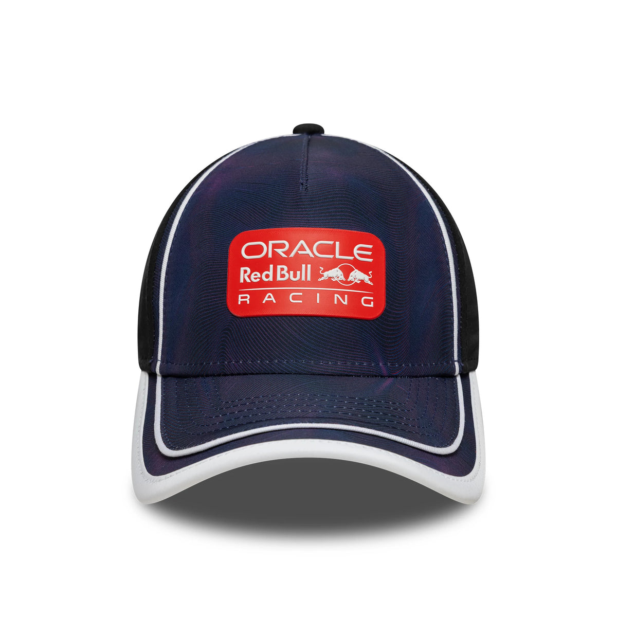Red Bull Racing Print Black New Era 9FORTY M-Crown A-Frame Cap, front view showing the red embroidered Oracle Red Bull Racing logo on the navy blue front panel, with contrasting white piping along the black visor edge.