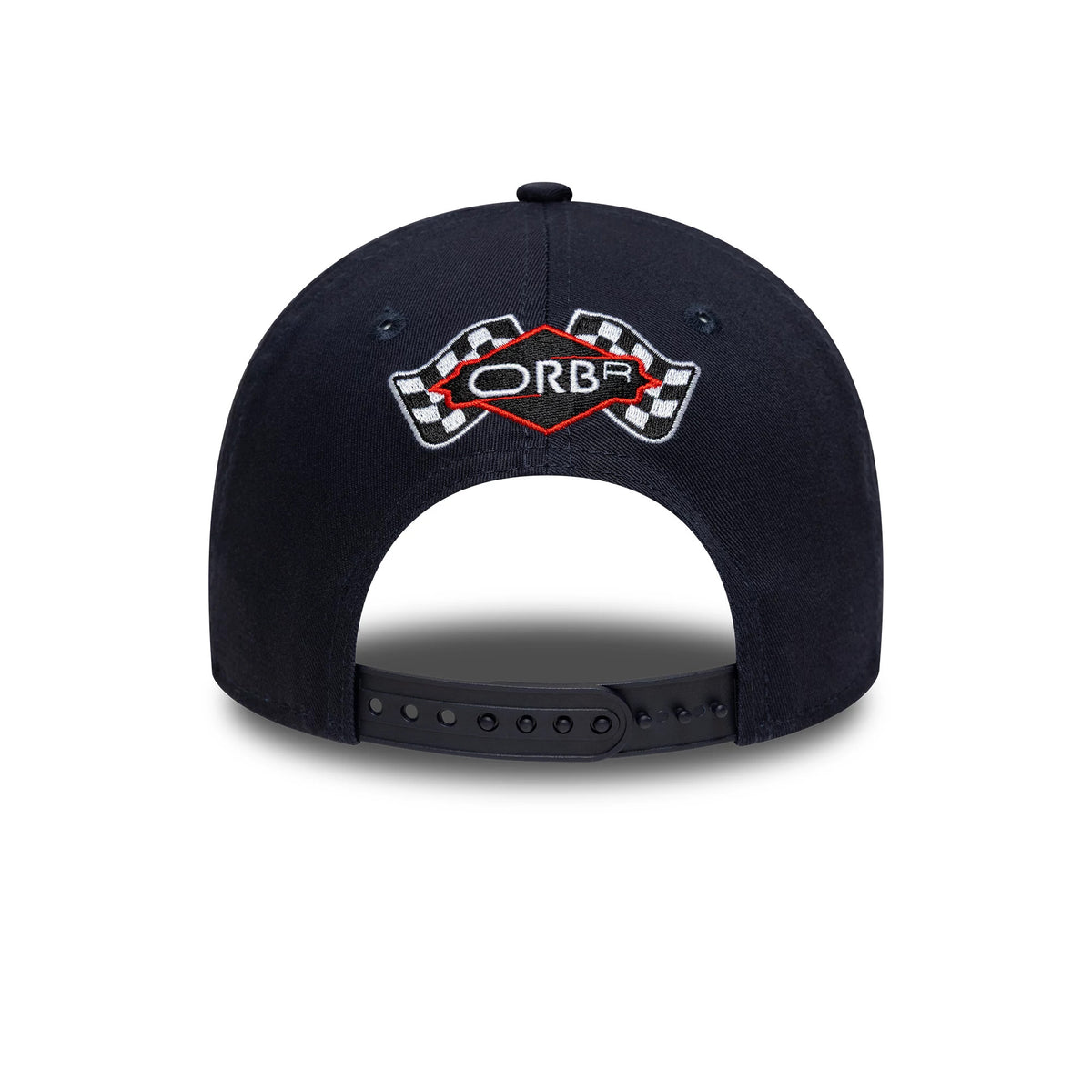 Red Bull Racing Visor Print Dark Blue New Era 9FORTY M-Crown Cap, rear view showing the white and red embroidered ORBR logo flanked by racing checkered flags on the centre of the dark blue adjustable back strap.