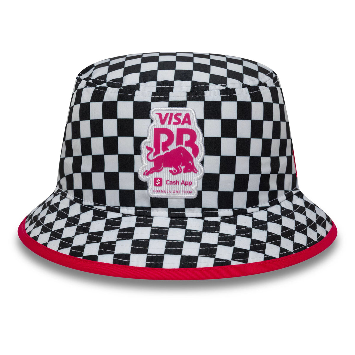 New Era Visa Cash App Racing Bulls Checkerboard White Bucket Hat, front view showing a central pink and white logo patch with Visa and RB branding, set against a black and white checkerboard pattern and featuring a bright pink edge on the visor.