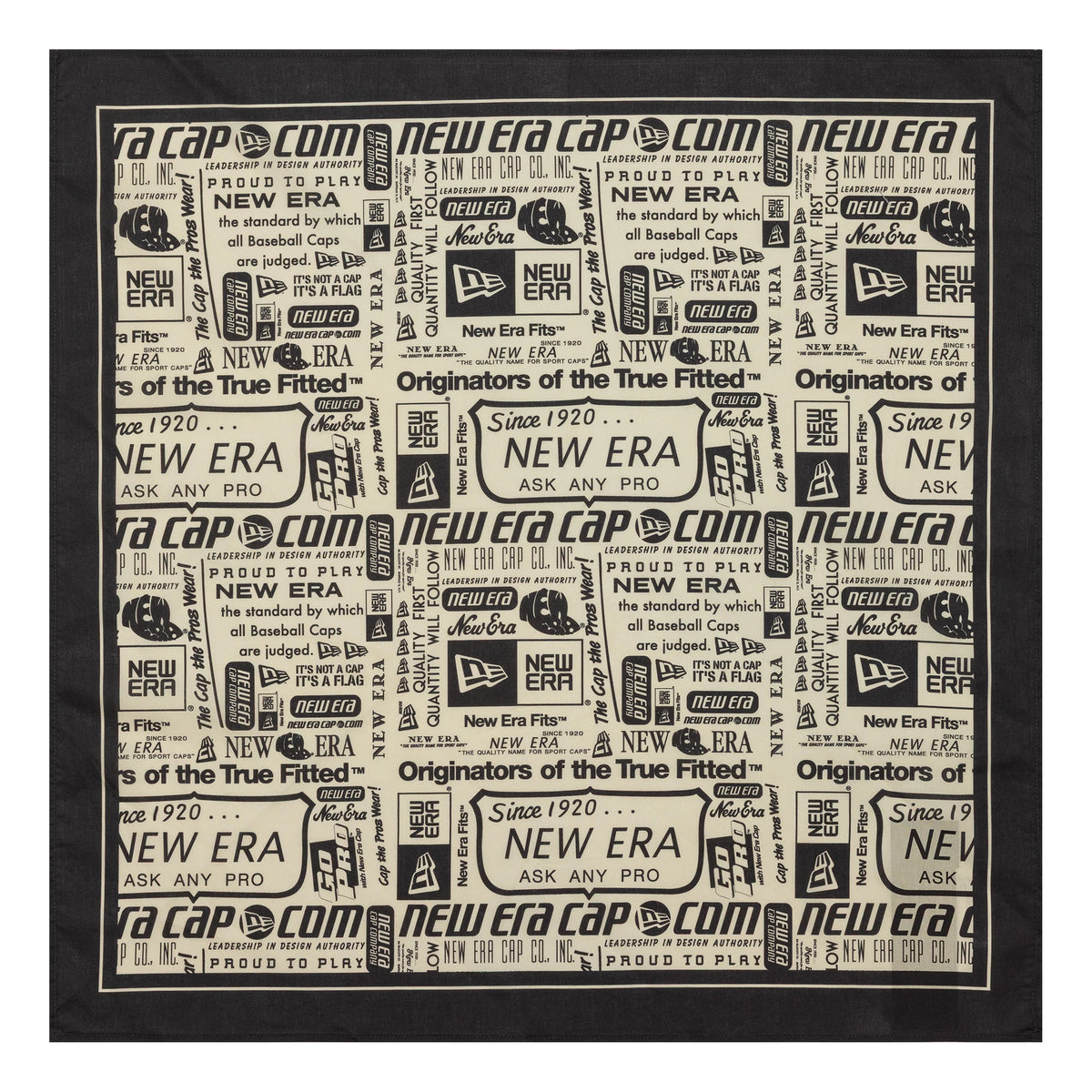 New Era 59FIFTY Day Black Bandana, close-up view showing an intricate design featuring multiple vintage New Era logos and font styles in black print on a beige background with a solid black border.