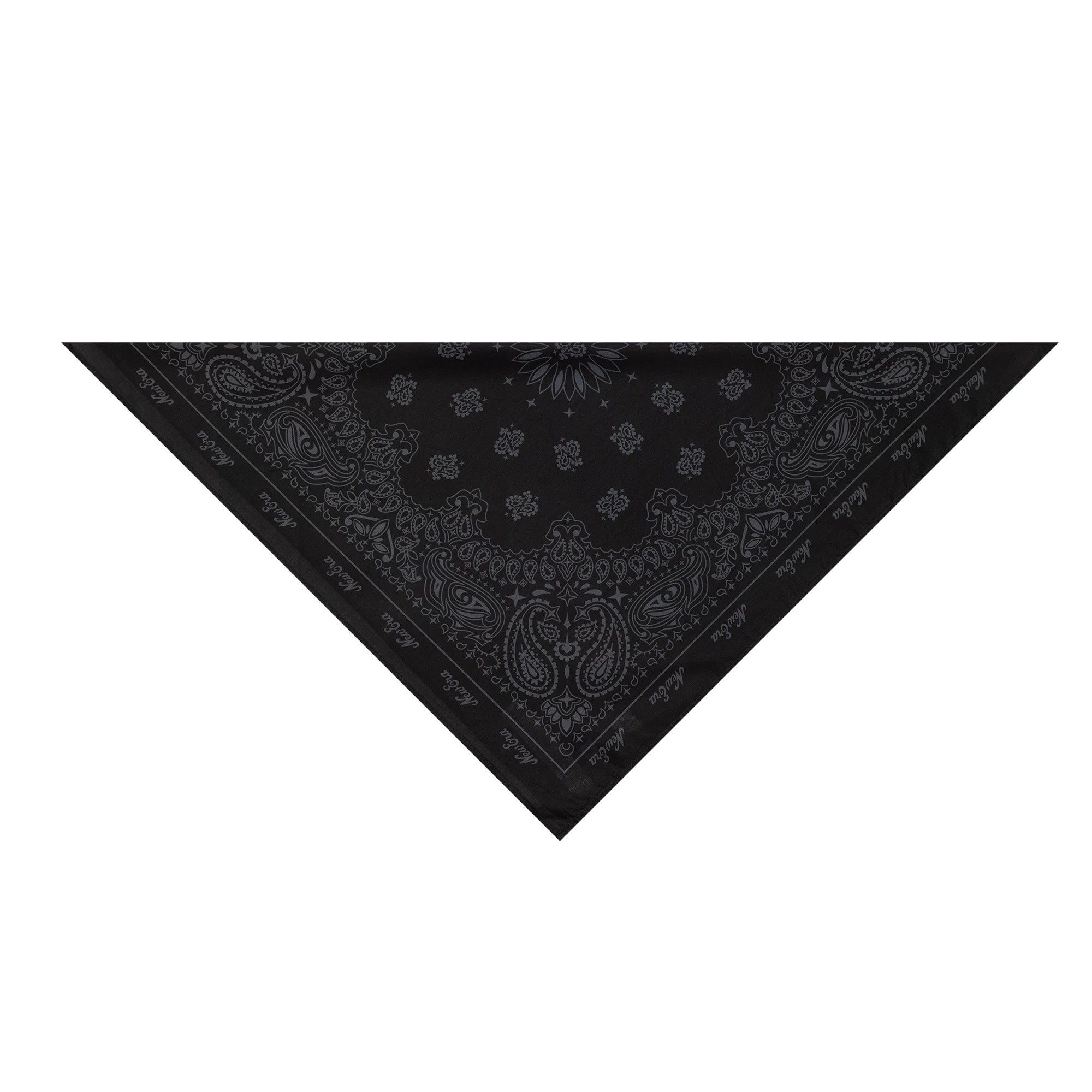 New Era Paisley Black Bandana, triangular view showing an intricate grey paisley pattern across the fabric with detailed floral motifs and repeating paisley designs on the black background.