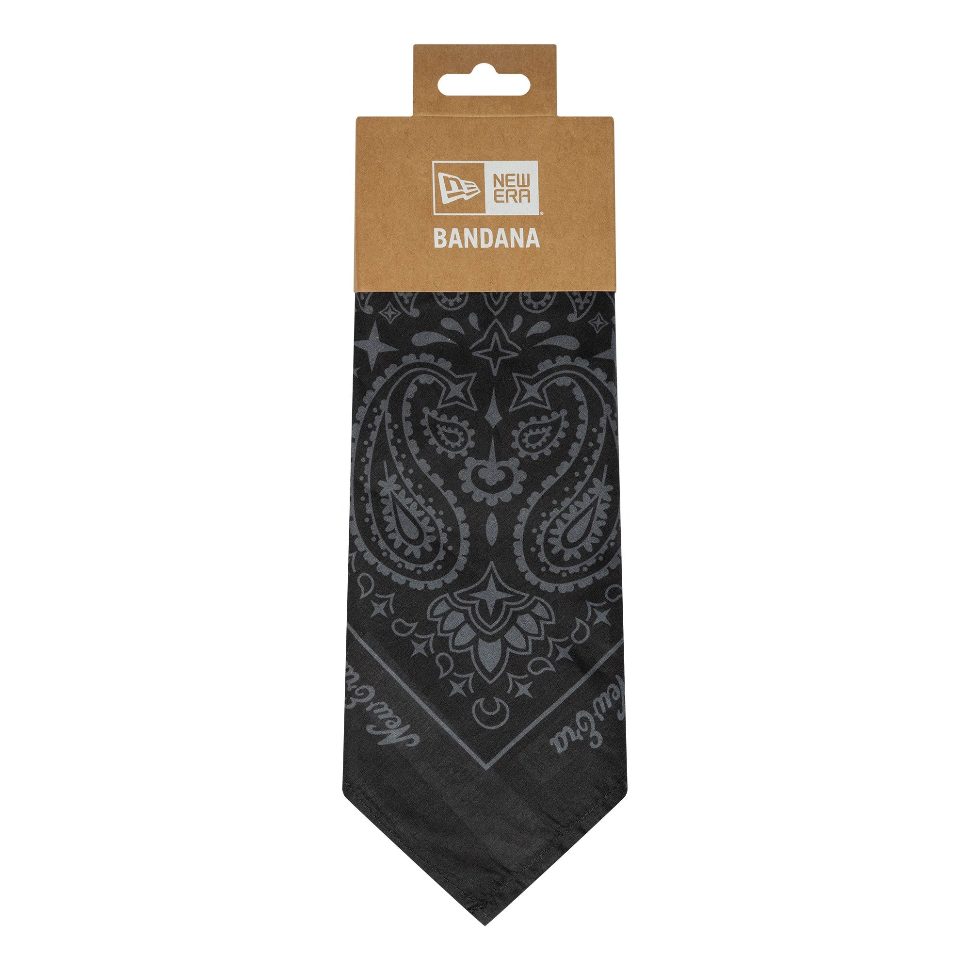New Era Paisley Black Bandana, front view showing intricate grey paisley patterns on a black background with the New Era logo incorporated into the design, packaged with a cardboard holder at the top.