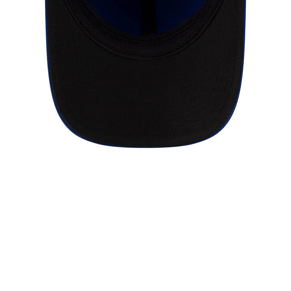 Cubs MLB Player Replica Blue New Era 39THIRTY M-Crown Stretch Fit Cap, inside view showing the black sweatband, dark undervisor, and blue interior taping along the structured crown.