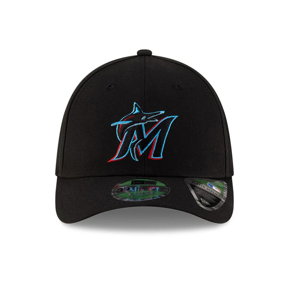 Marlins MLB Player Replica Black New Era 39THIRTY M-Crown Stretch Fit Cap, front view showing the aqua and red embroidered Marlins logo on the structured black crown with two stickers on the curved black visor.