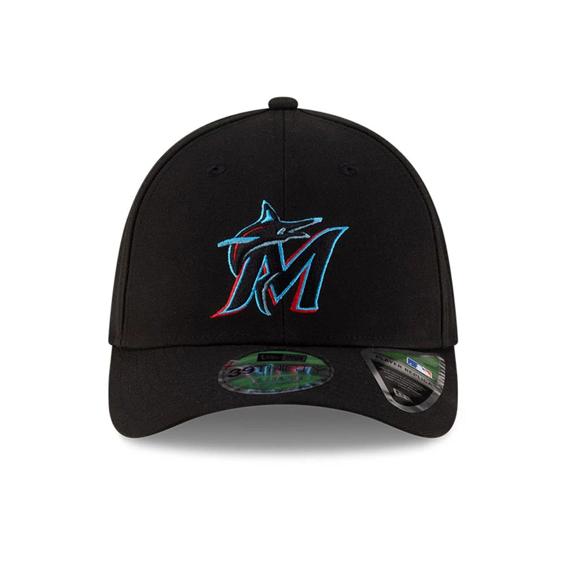 Pictured is this MLB Player Replica Miami Marlins 39THIRTY M-Crown Stretch Fit cap in black. 2