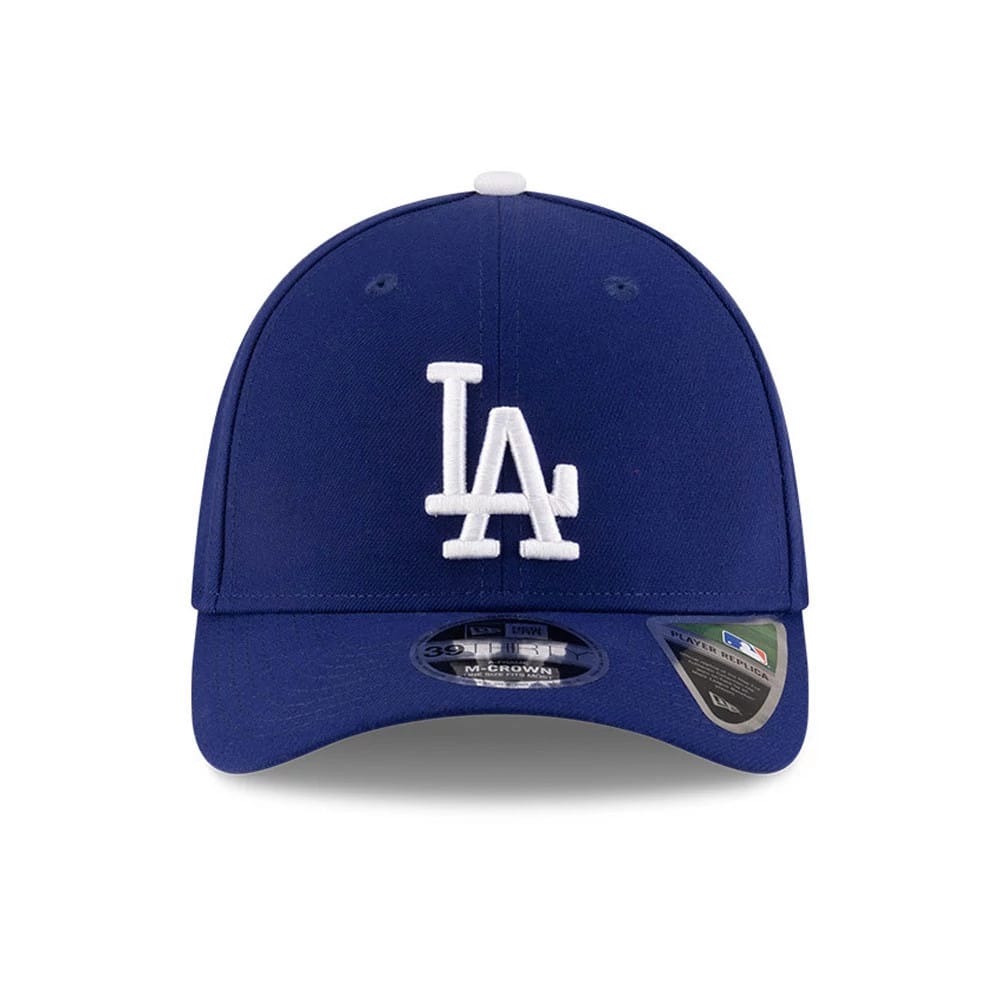 Dodgers MLB Player Replica Blue New Era 39THIRTY M-Crown Stretch Fit Cap, front view showing the white embroidered LA logo on the structured blue crown, with a 39THIRTY size sticker on the curved visor.