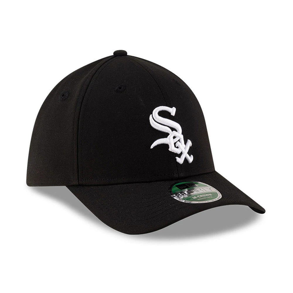 White Sox MLB Player Replica Black New Era 39THIRTY M-Crown Stretch Fit Cap, three-quarter view with raised white embroidered logo on the front panel, black curved visor and green 39THIRTY size sticker on the visor.