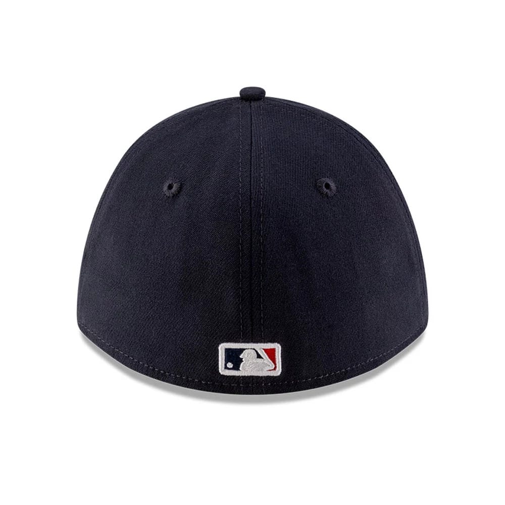 Twins MLB Player Replica Navy New Era 39THIRTY M-Crown Stretch Fit Cap, rear view showing the embroidered MLB Batterman logo in red, white, and blue at the centre of the back panels on the navy structured crown.