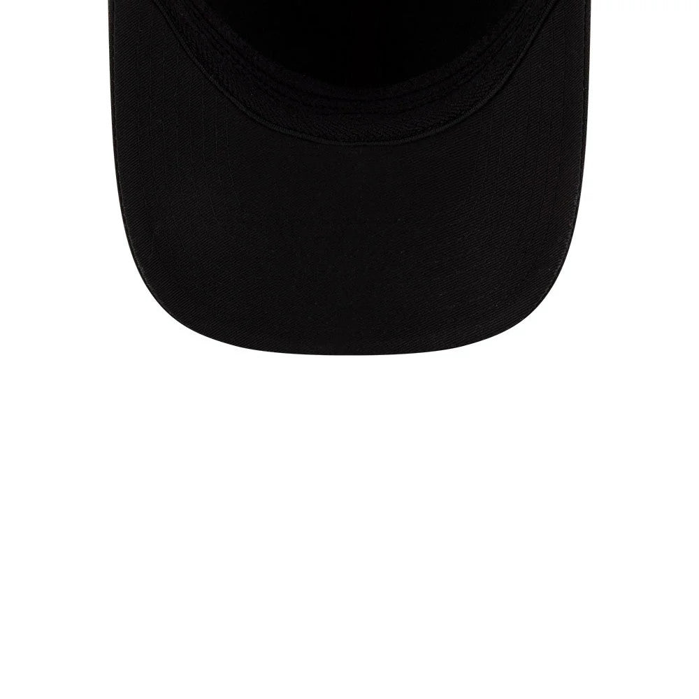 Pirates MLB Player Replica Black New Era 39THIRTY M-Crown Stretch Fit Cap, inside view showing a curved black visor with matching black seam taping and sweatband, highlighting the fabric texture.