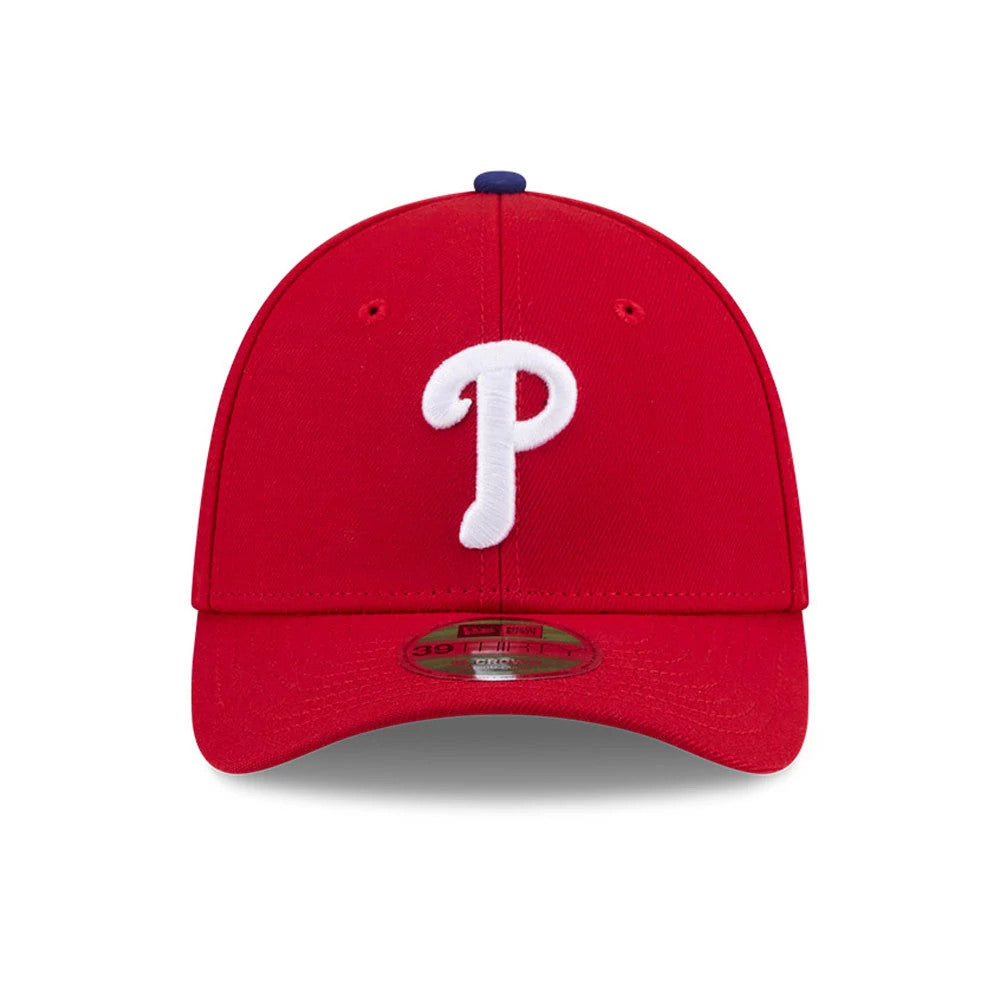 Phillies MLB Player Replica Red New Era 39THIRTY M-Crown Stretch Fit Cap, front view showing white embroidered P logo on the structured red crown, with a 39THIRTY size sticker on the curved red visor.