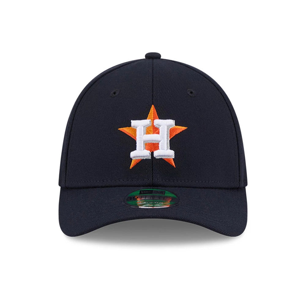 Houston Astros MLB Player Replica Navy New Era 39THIRTY M-Crown Stretch Fit Cap, front view showing the raised white and orange embroidered logo on the centre front panel and 39THIRTY size sticker on the navy curved visor.