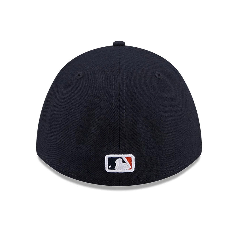Houston Astros MLB Player Replica Navy New Era 39THIRTY M-Crown Stretch Fit Cap, rear view showing the white and red embroidered MLB Batterman logo at the centre of the back panels on a navy curved crown.