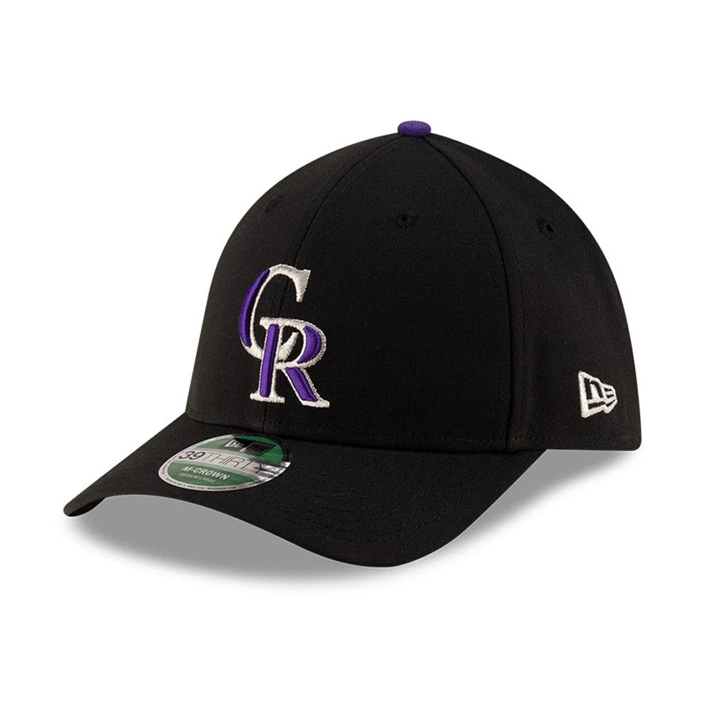 Rockies MLB Player Replica Black New Era 39THIRTY M-Crown Stretch Fit Cap, three-quarter view showing a raised purple and white CR logo on the front panel, black curved visor with 39THIRTY size sticker, and white New Era flag logo on the left side.