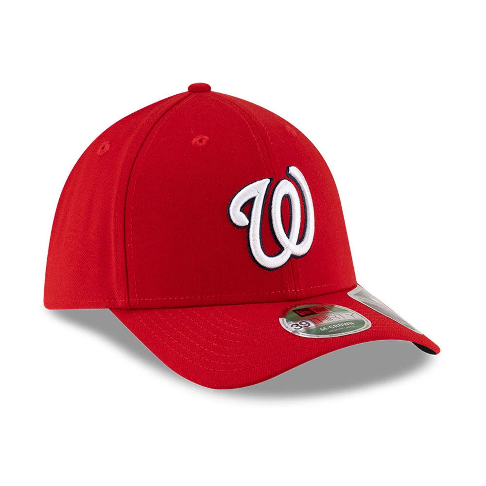 Nationals MLB Player Replica Red New Era 39THIRTY M-Crown Stretch Fit Cap, front view showing the raised white W logo outlined in navy on the red front panel, with a curved visor and a 39THIRTY size sticker on top.