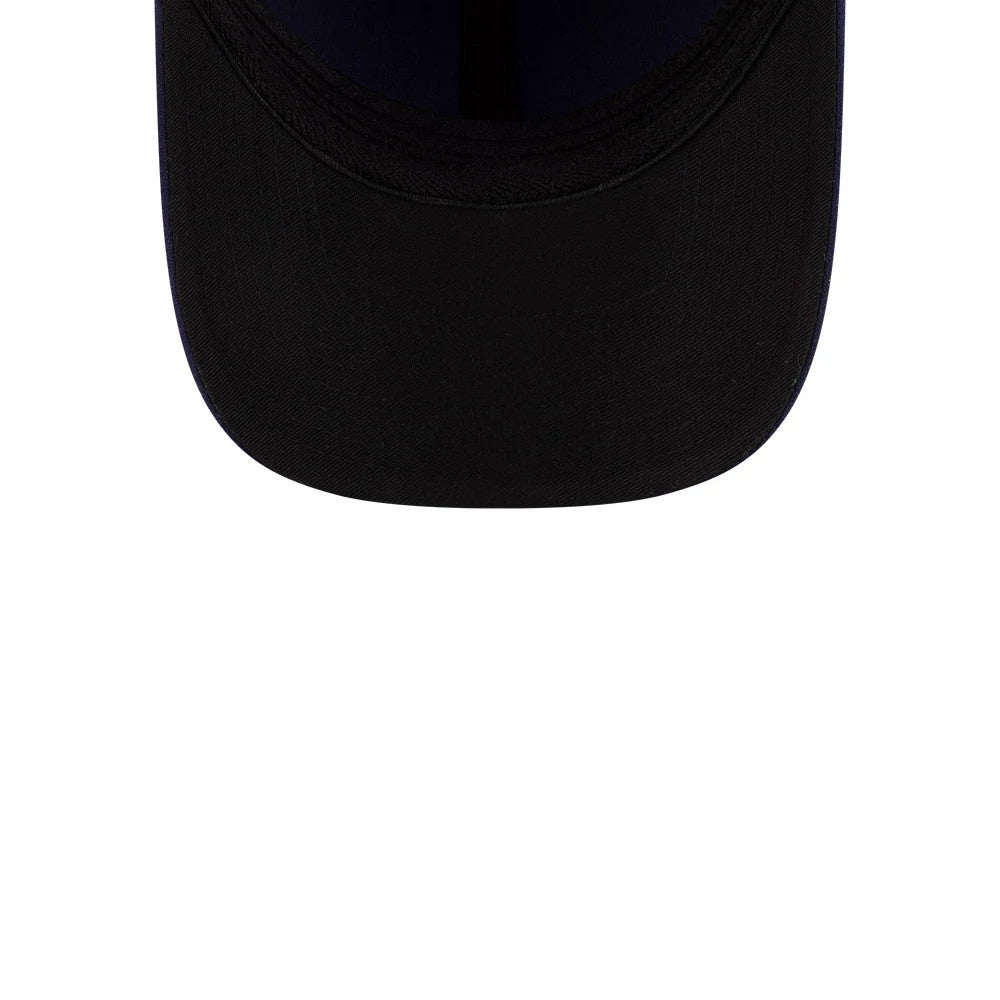 Tampa Bay Rays MLB Player Replica Navy New Era 39THIRTY M-Crown Stretch Fit Cap, underside view showing a black curved visor and a contrasting blue undervisor with detailed stitching along the edge.