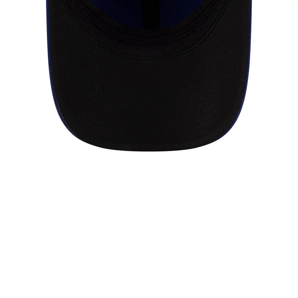 Rangers MLB Player Replica Dark Blue New Era 39THIRTY M-Crown Stretch Fit Cap, inside view showing the black undervisor, dark sweatband and blue taping along the seams of the structured crown.