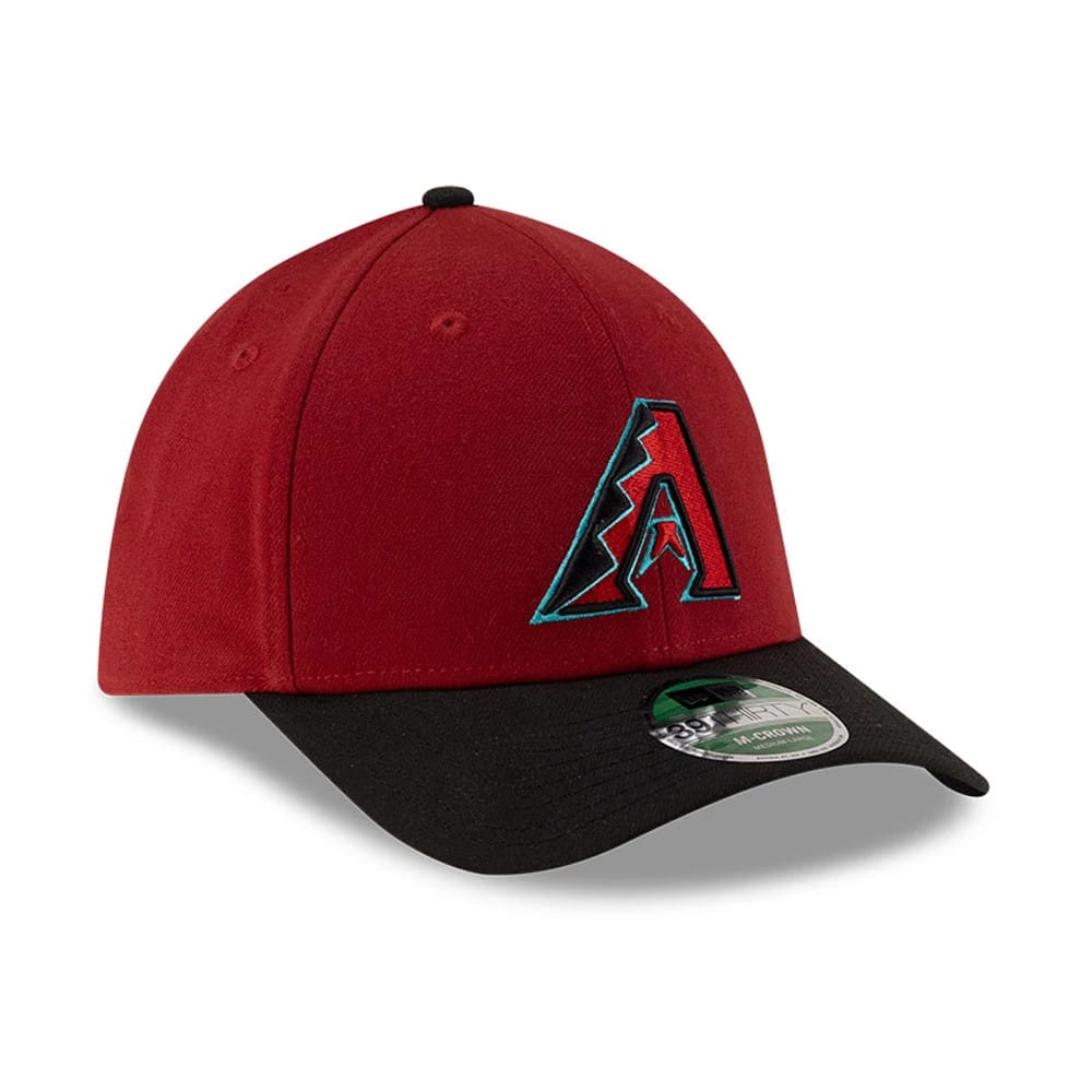 Diamondbacks MLB Player Replica Dark Red New Era 39THIRTY M-Crown Stretch Fit Cap, three-quarter view showing a teal and black embroidered A logo on the structured dark red crown, with a black curved visor and 39THIRTY size sticker on the top.