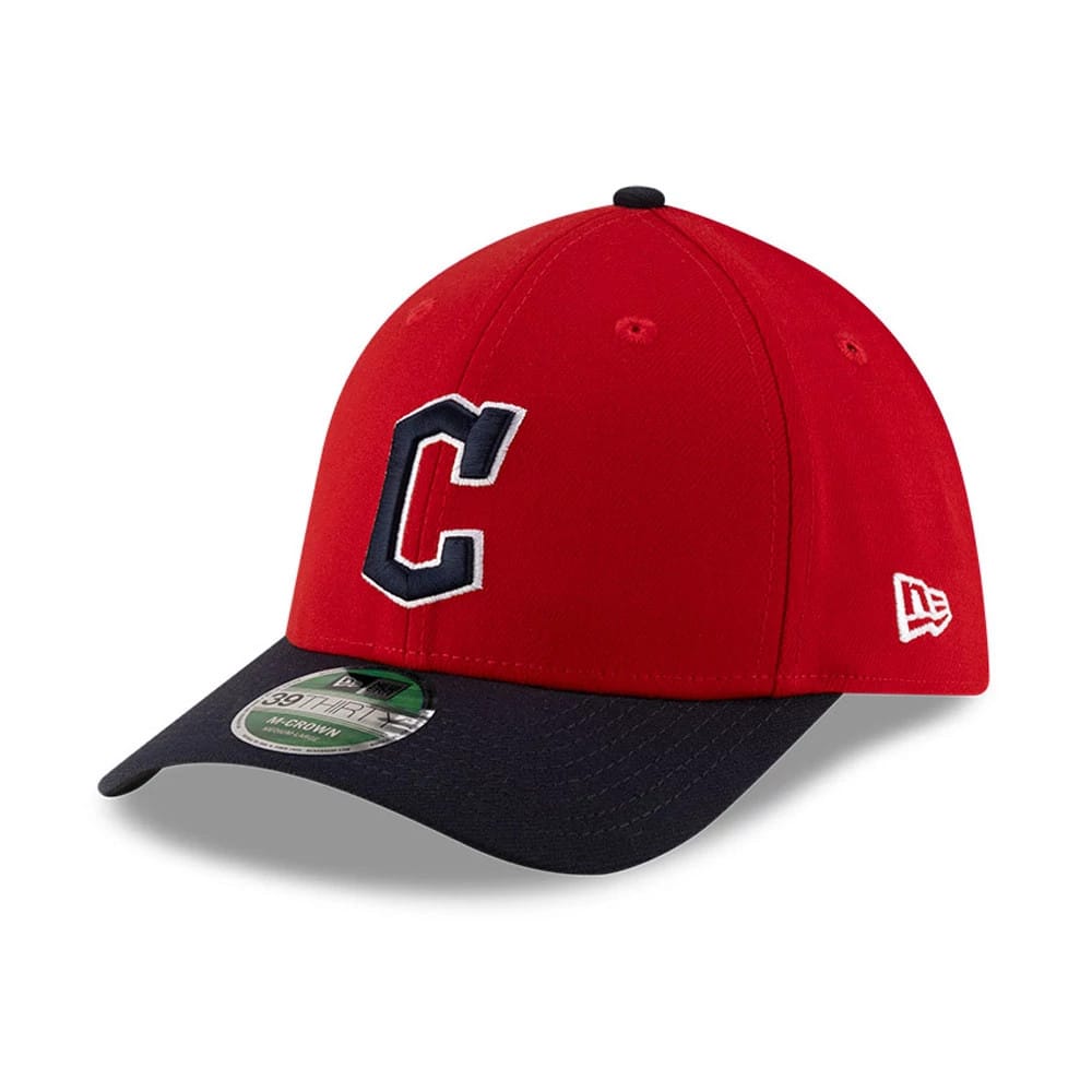 Guardians MLB Player Replica Dark Red New Era 39THIRTY M-Crown Stretch Fit Cap, three-quarter view showing the raised white and navy embroidered C logo on the front panel, with a dark navy curved visor and a 39THIRTY size sticker.