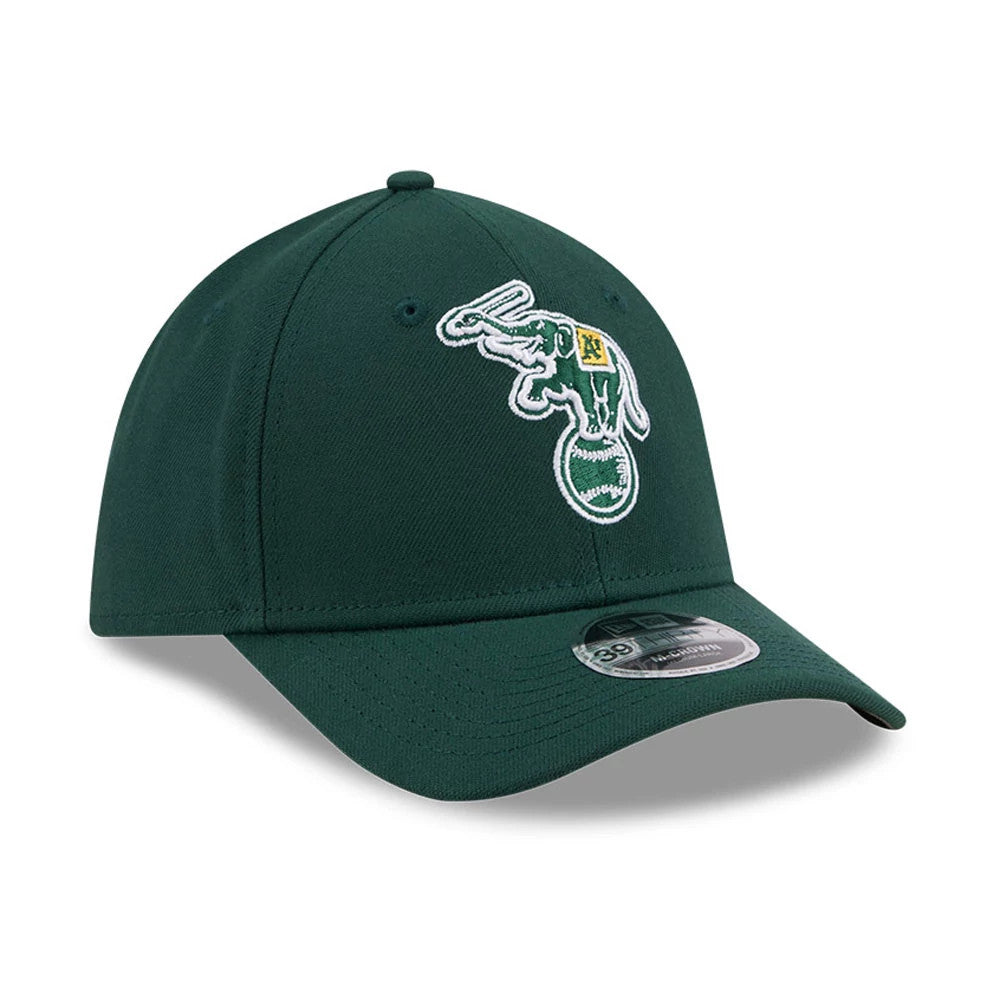 Athletics MLB Dark Green New Era 39THIRTY M-Crown Stretch Fit Cap, three-quarter view showing the white and yellow embroidered team logo on the structured dark green crown, with eyelets and a round 39THIRTY size sticker on the curved visor.