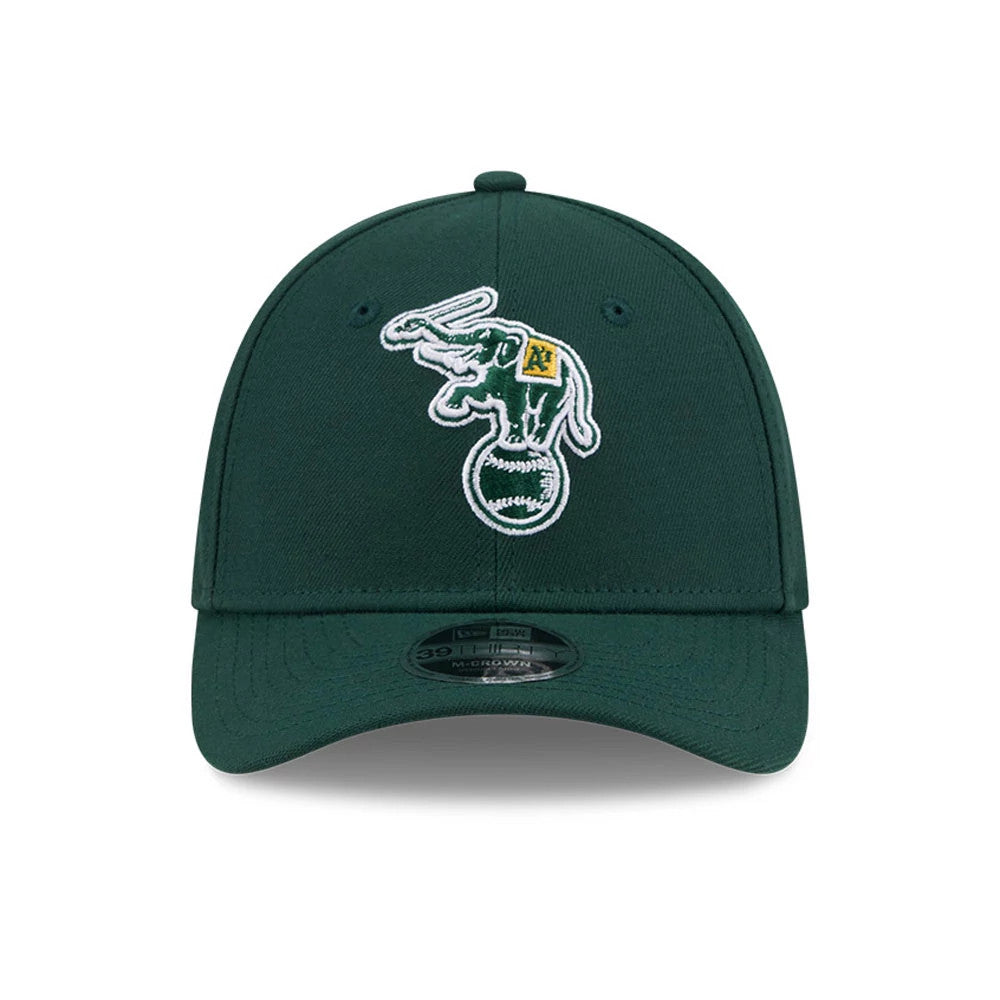 Athletics MLB Dark Green New Era 39THIRTY M-Crown Stretch Fit Cap, front view showing the white and yellow raised embroidery elephant logo on the structured crown, with a dark green curved visor and 39THIRTY size sticker.