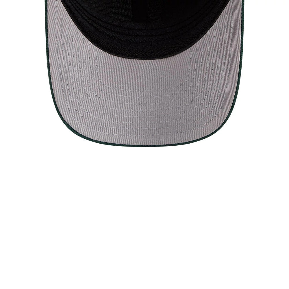 Athletics MLB Dark Green New Era 39THIRTY M-Crown Stretch Fit Cap, inside view showing the grey undervisor with neat stitching and dark green edge, complemented by a black interior sweatband.