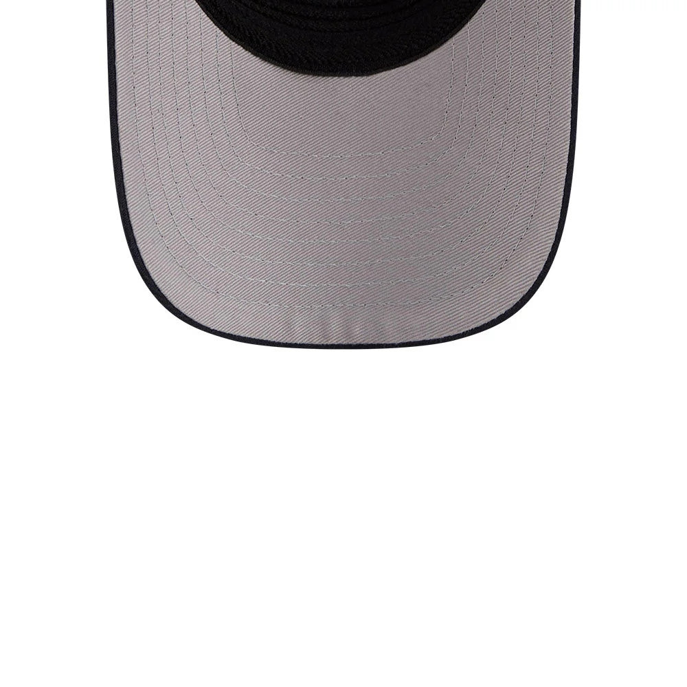 New York Yankees MLB Navy New Era 39THIRTY M-Crown Stretch Fit Cap, inside view showing grey undervisor with navy edging and detailed stitching pattern, enhancing the structured shape of the cap's crown.