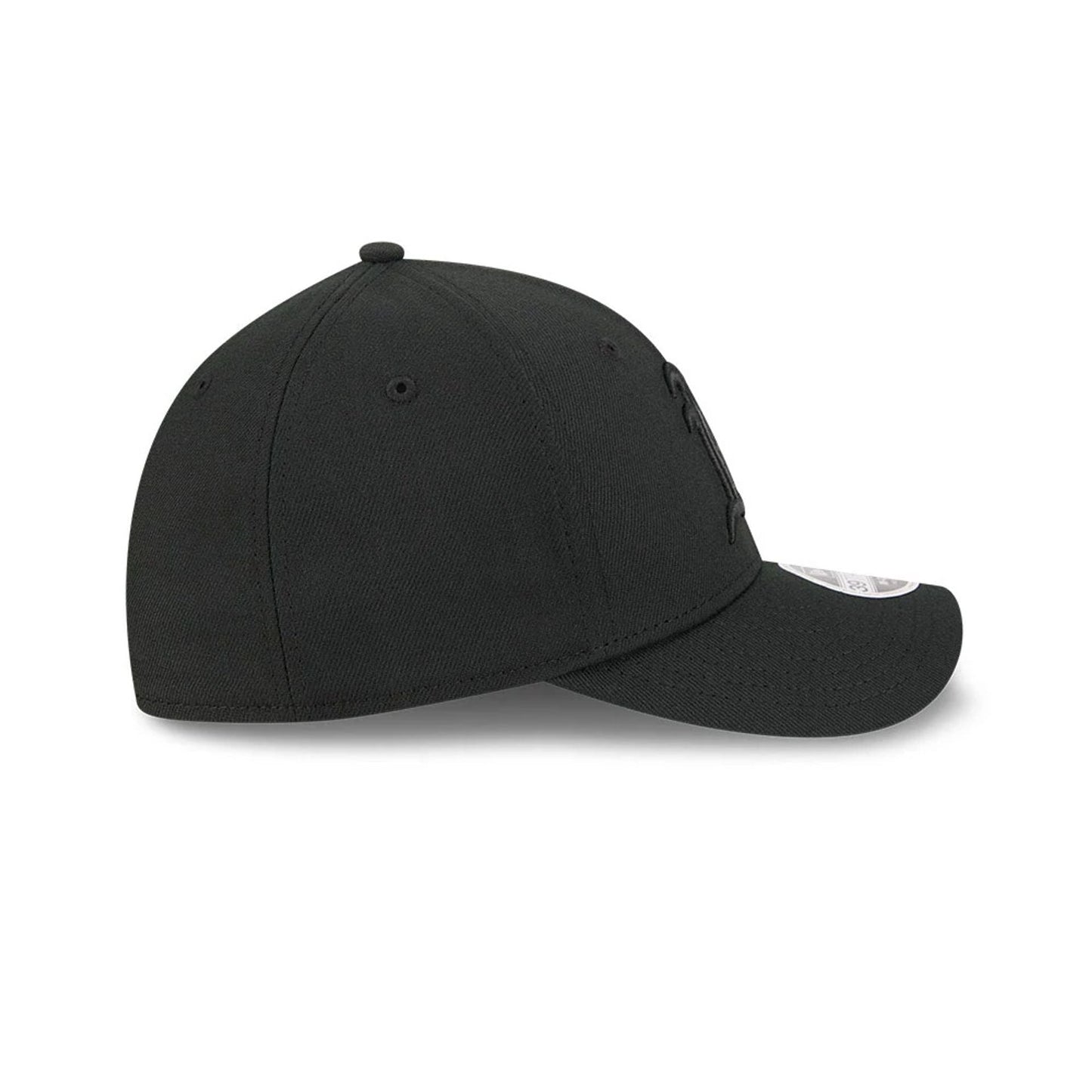 Athletics MLB Outline Black New Era 39THIRTY M-Crown Stretch Fit Cap, side view showing the curved visor, the New Era flag logo embroidered on the left side, and a structured crown with black-on-black embroidery.